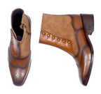 Burnished Wingtip Spats Boots – Tan Leather & Suede