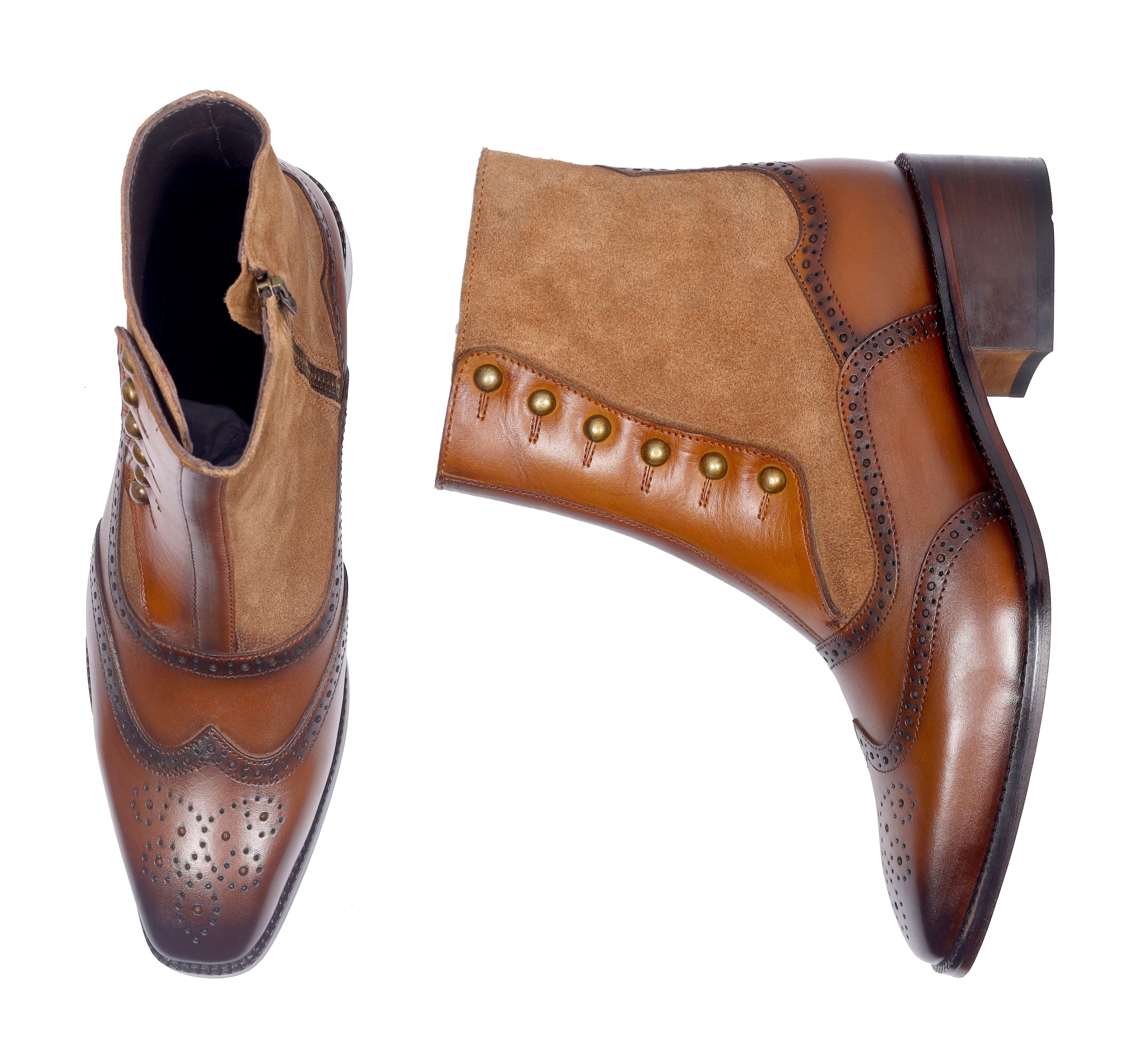 Burnished Wingtip Spats Boots – Tan Leather & Suede