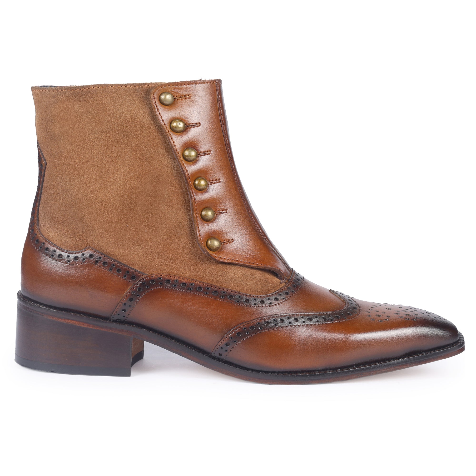 Burnished Wingtip Spats Boots – Tan Leather & Suede
