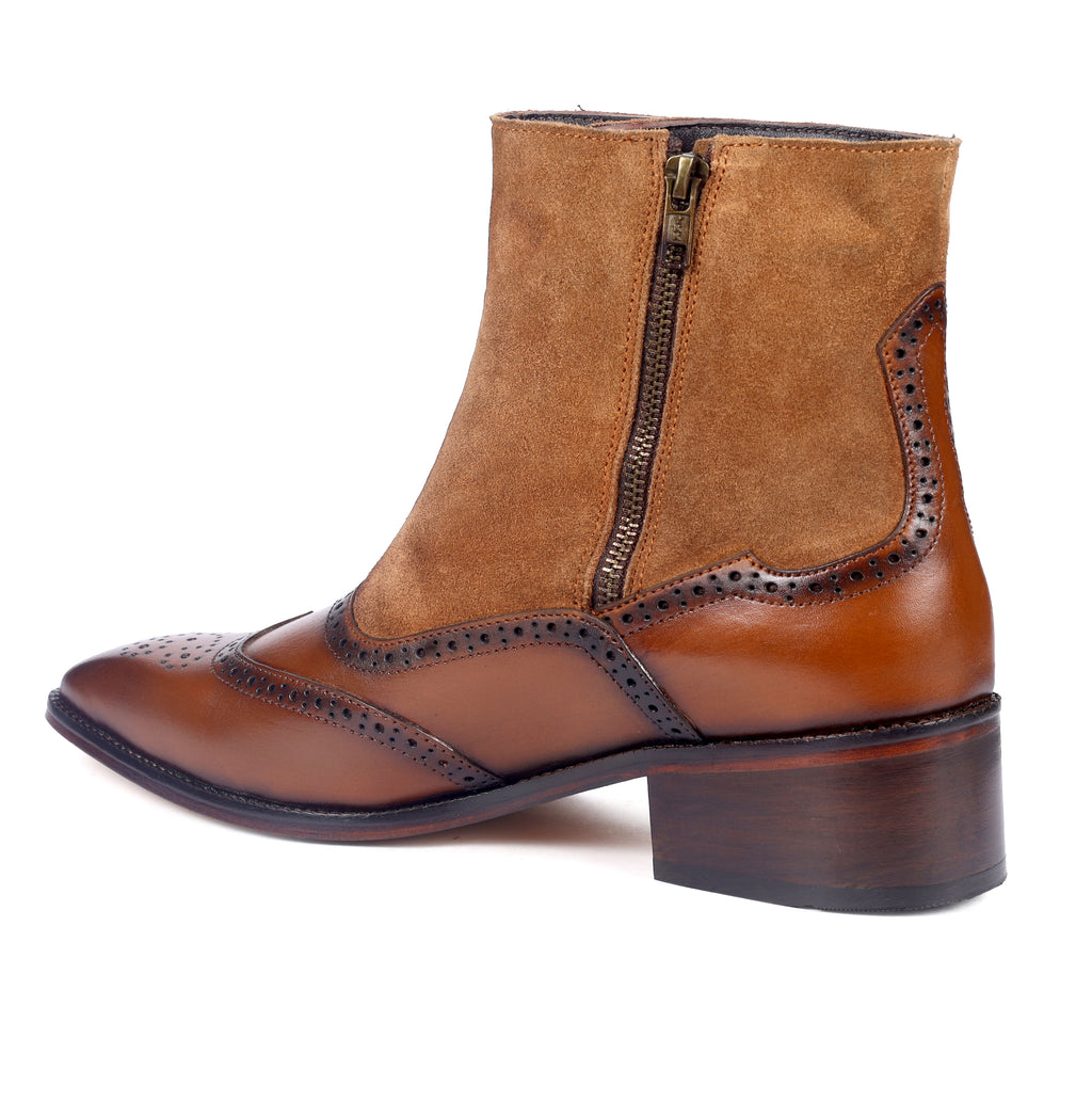 Burnished Wingtip Spats Boots – Tan Leather & Suede