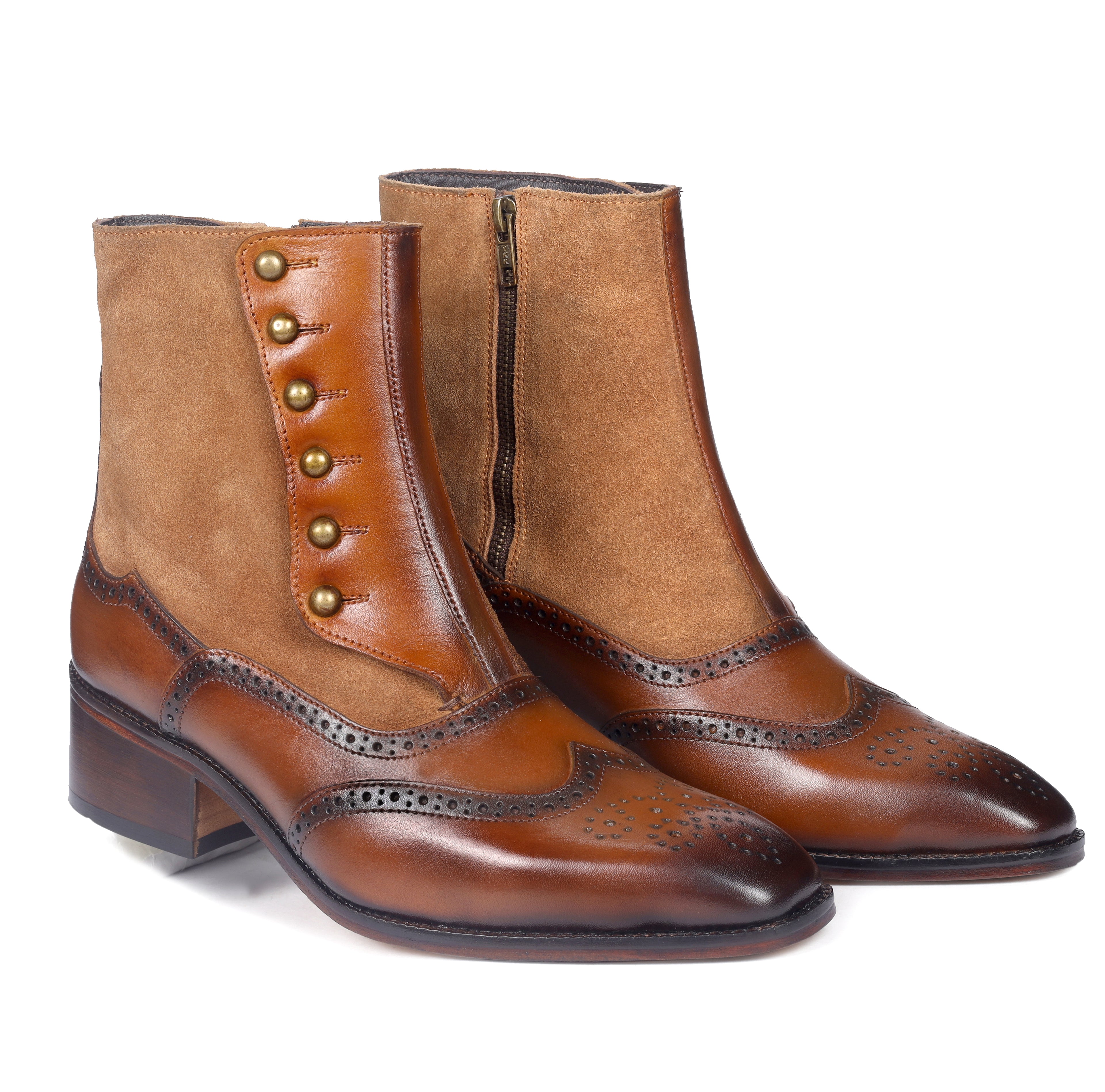 Burnished Wingtip Spats Boots – Tan Leather & Suede