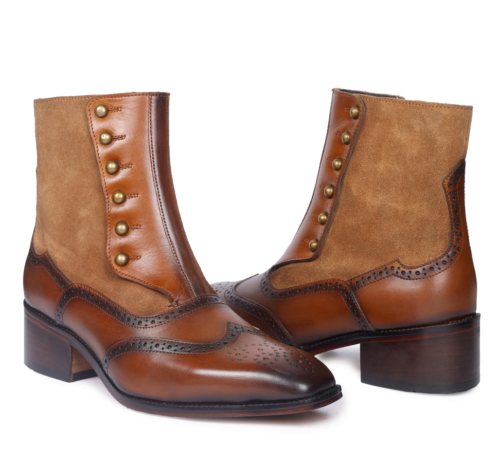 Burnished Wingtip Spats Boots – Tan Leather & Suede