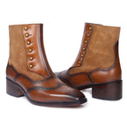 Burnished Wingtip Spats Boots – Tan Leather & Suede