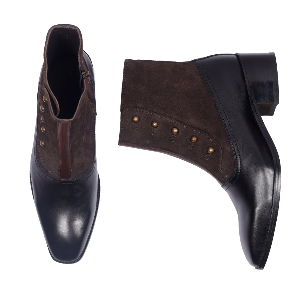 Modern Tuxedo Spats Boots – Sleek Black & Dark Brown Suede