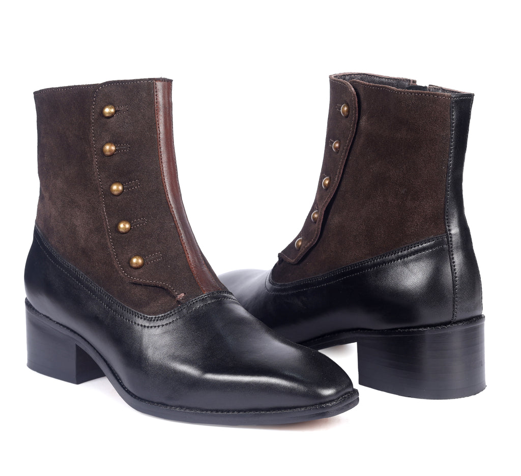 Modern Tuxedo Spats Boots – Sleek Black & Dark Brown Suede