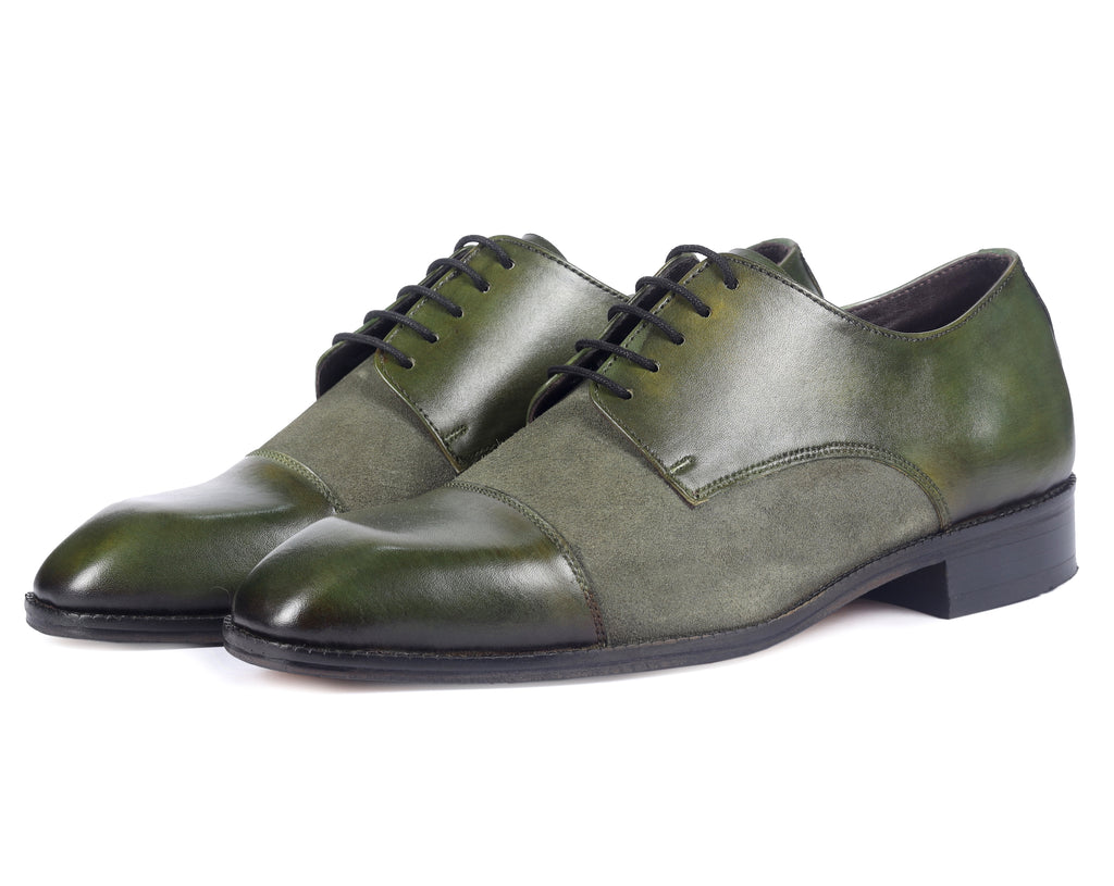 Olive Artisan Derby Shoes – Hand-Burnished Leather & Suede