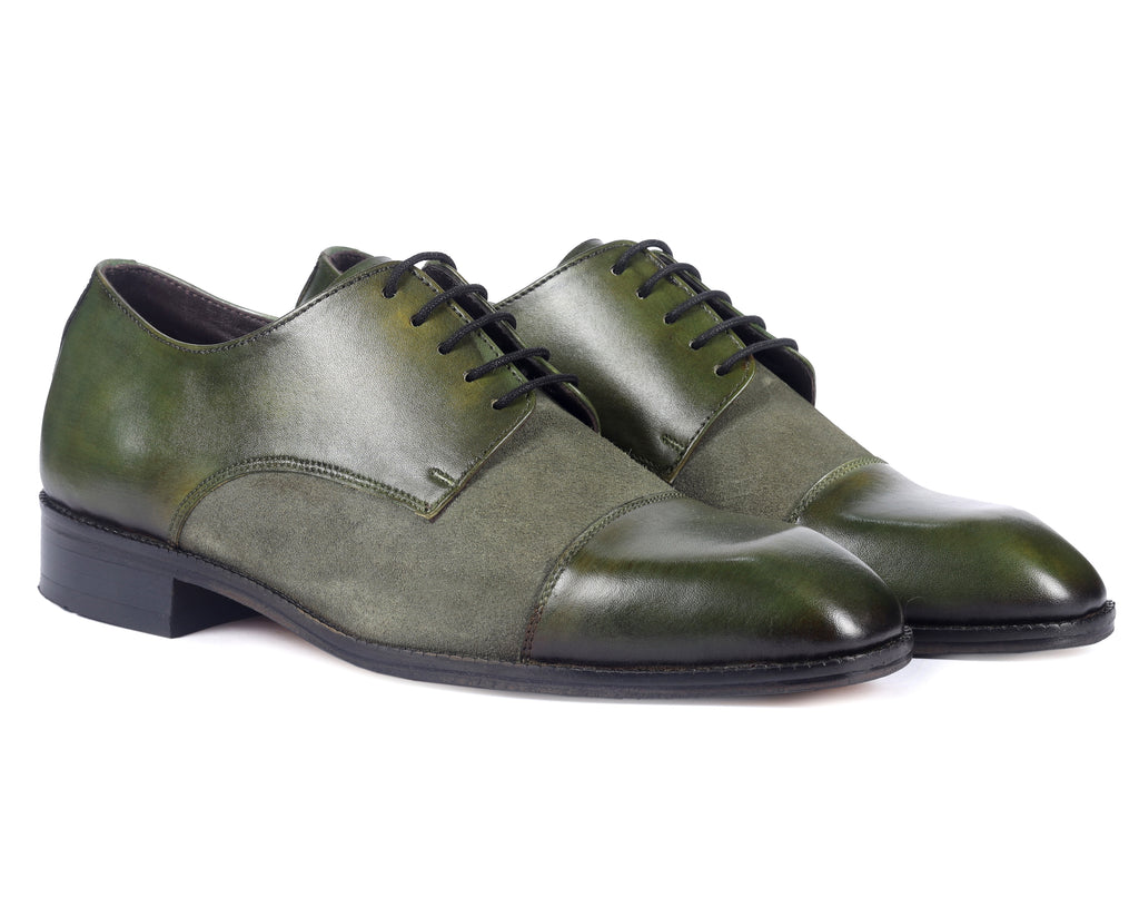 Olive Artisan Derby Shoes – Hand-Burnished Leather & Suede