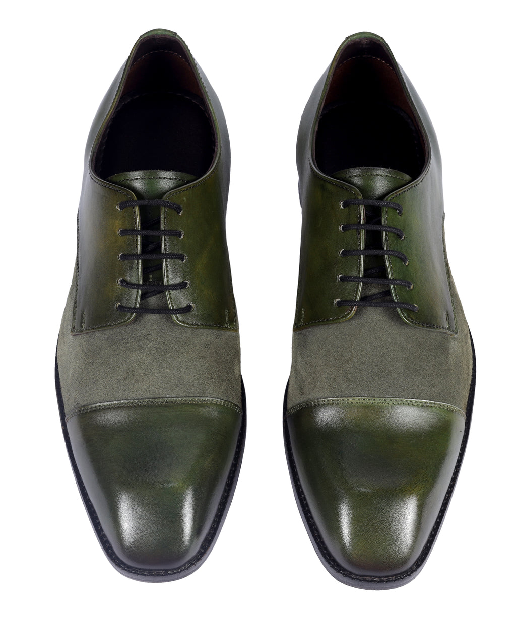 Olive Artisan Derby Shoes – Hand-Burnished Leather & Suede