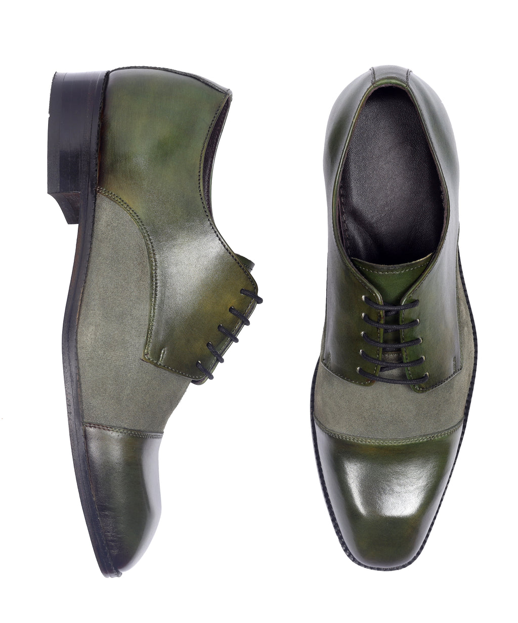 Olive Artisan Derby Shoes – Hand-Burnished Leather & Suede