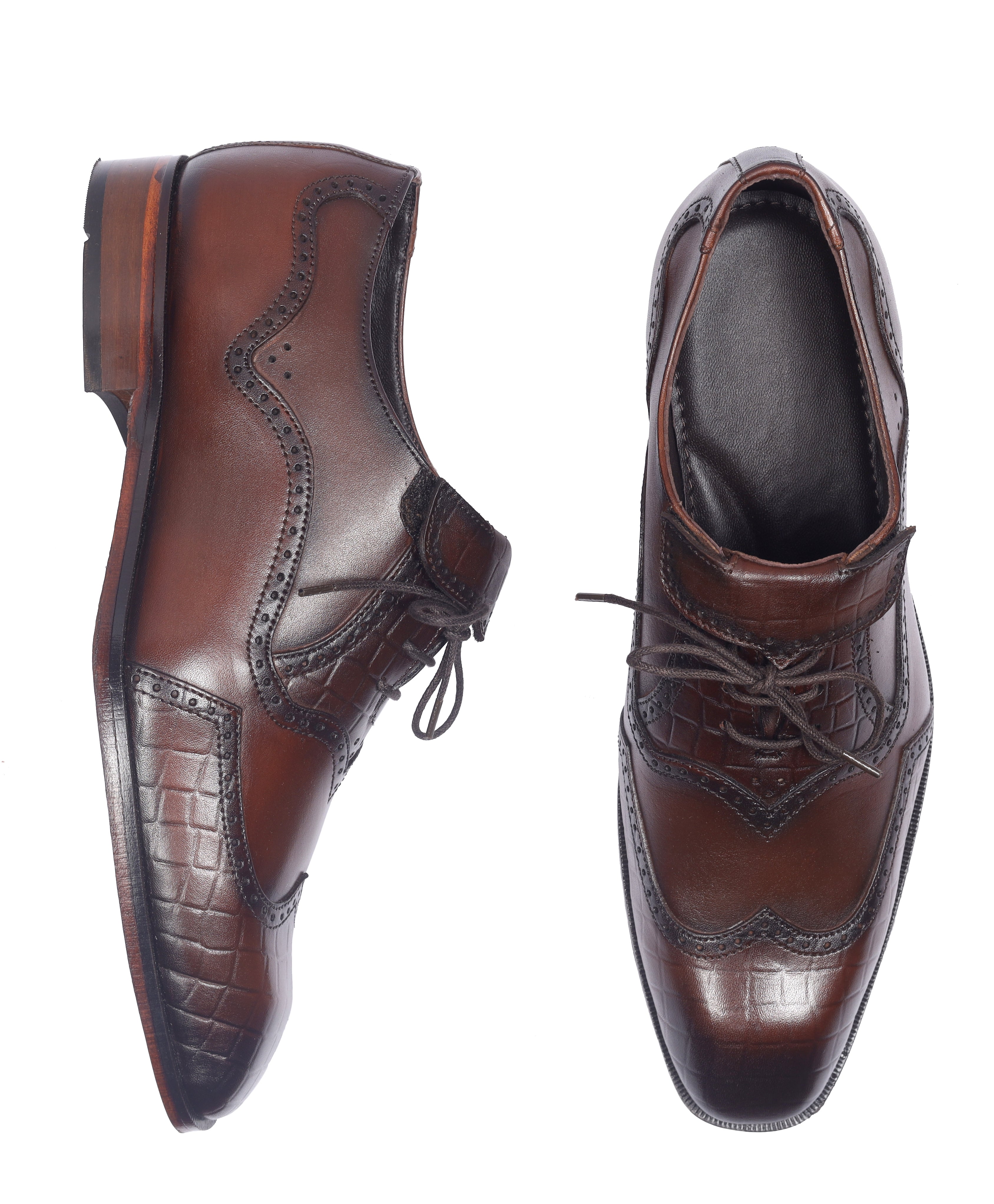 Premium Croc-Print Leather Oxford Shoes – Brown Wingtip Brogues