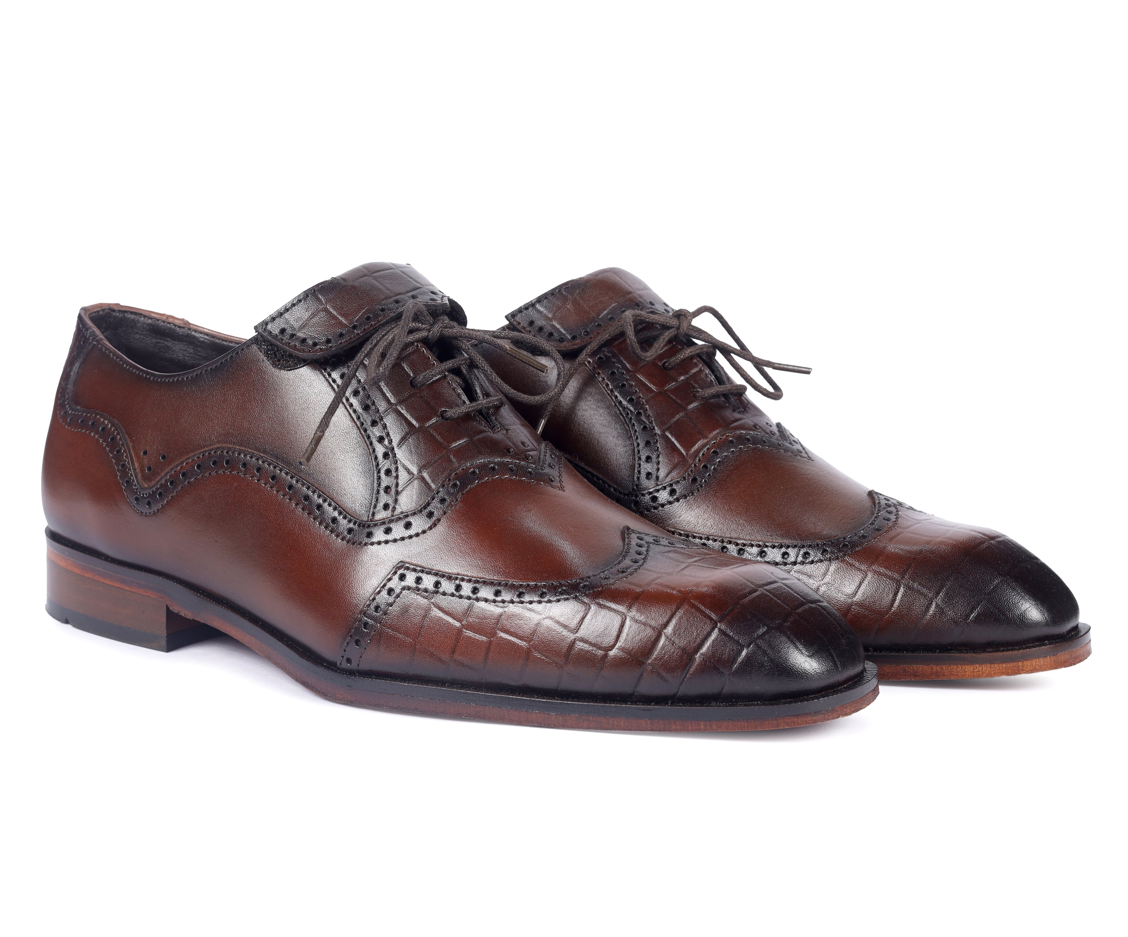 Premium Croc-Print Leather Oxford Shoes – Brown Wingtip Brogues
