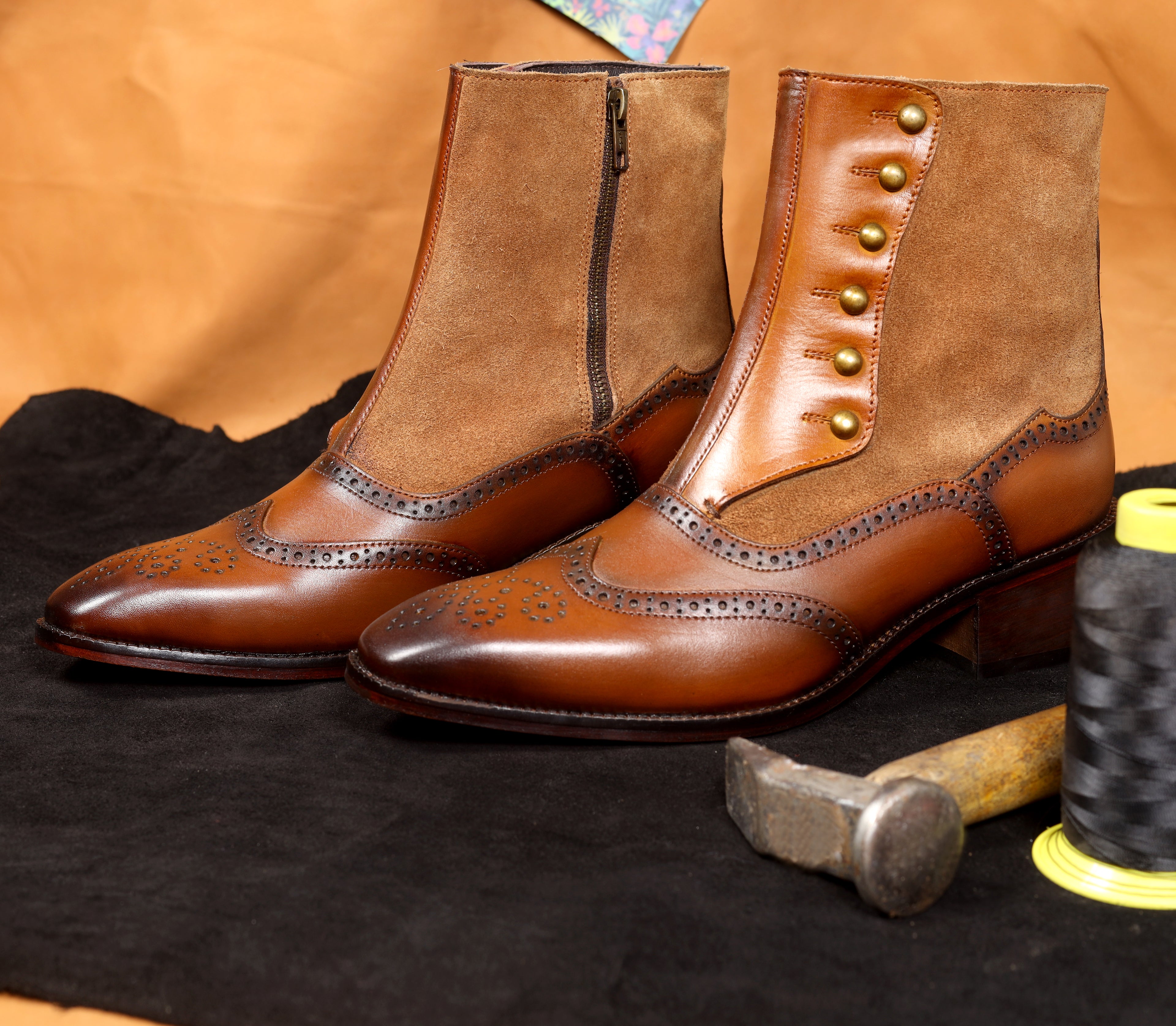 Burnished Wingtip Spats Boots – Tan Leather & Suede