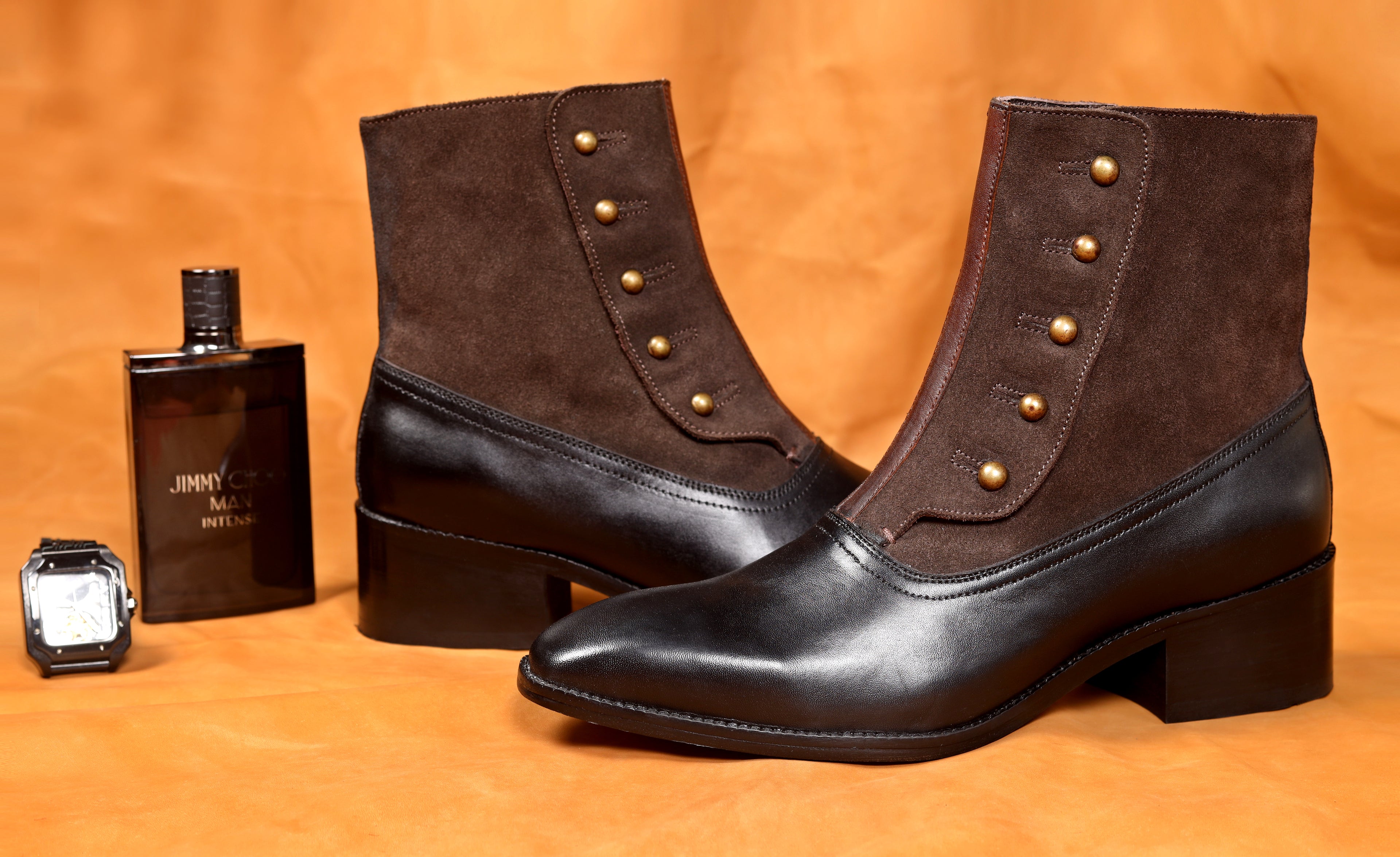 Modern Tuxedo Spats Boots – Sleek Black & Dark Brown Suede