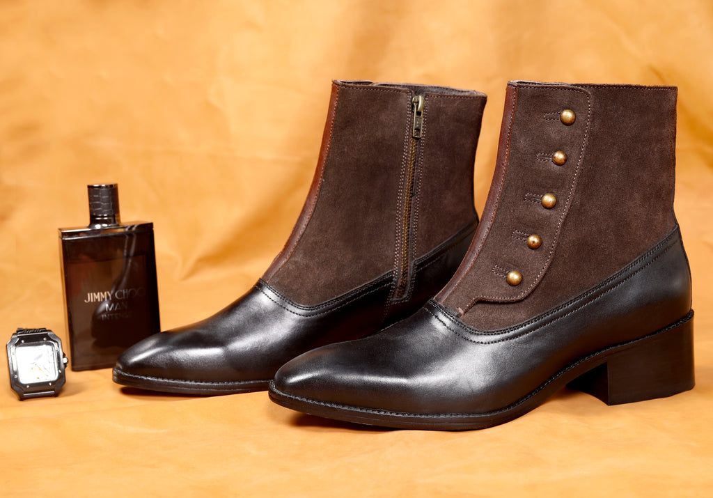 Modern Tuxedo Spats Boots – Sleek Black & Dark Brown Suede