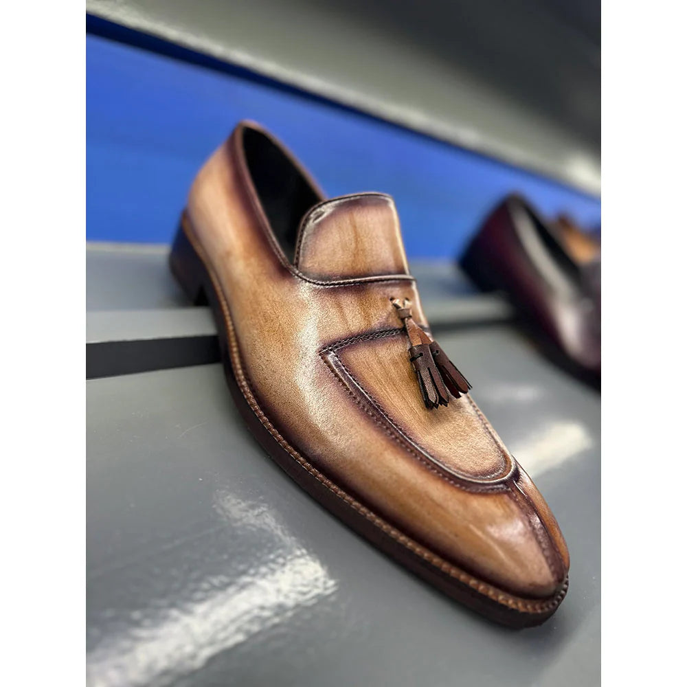 Wooden Brown Patina Mirror Glossed Tassel Loafers