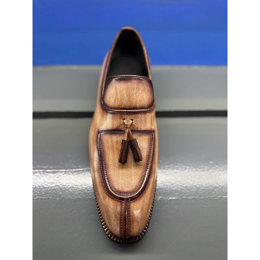 Wooden Brown Patina Mirror Glossed Tassel Loafers