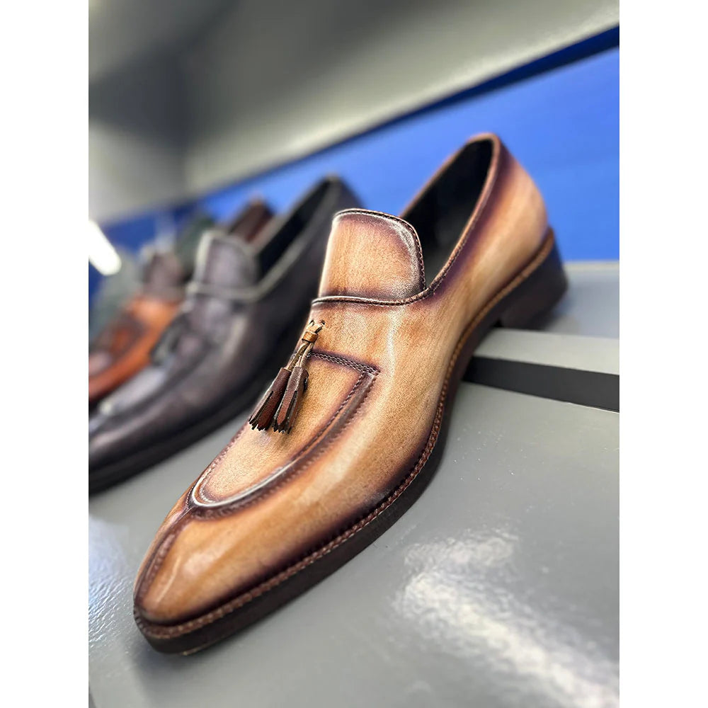 Wooden Brown Patina Mirror Glossed Tassel Loafers