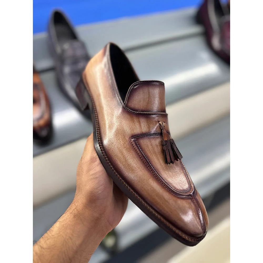 Wooden Brown Patina Mirror Glossed Tassel Loafers