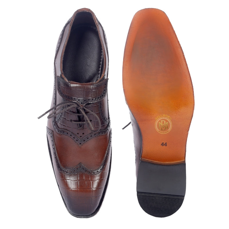 Premium Croc-Print Leather Oxford Shoes – Brown Wingtip Brogues