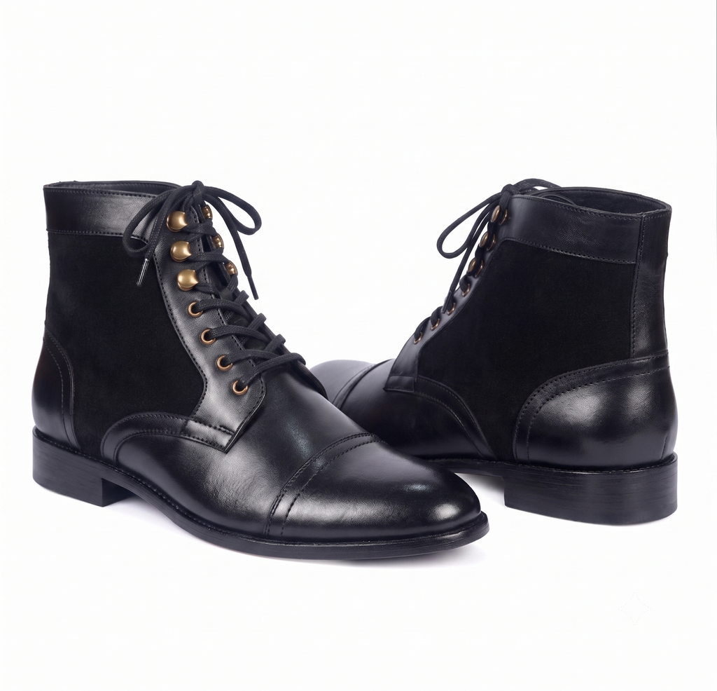Bellmoro Premium Black Leather Dress Derby Boots with Speed Hooks