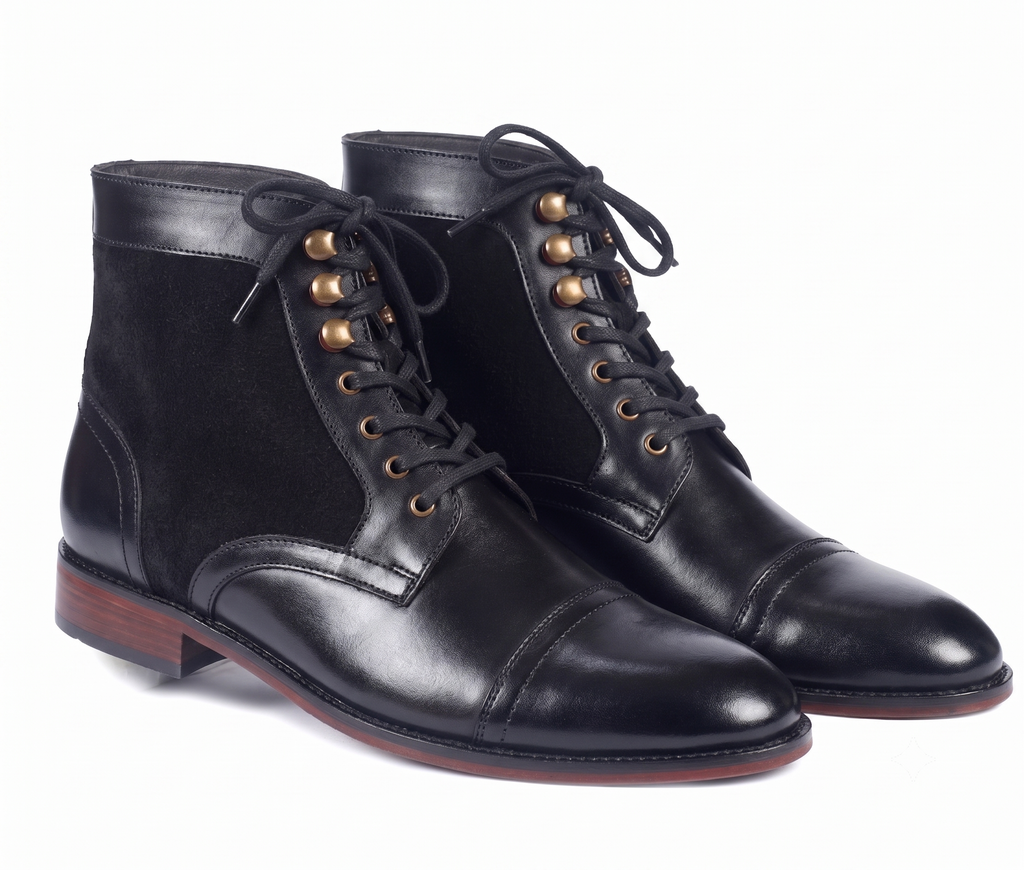 Bellmoro Premium Black Leather Dress Derby Boots with Speed Hooks
